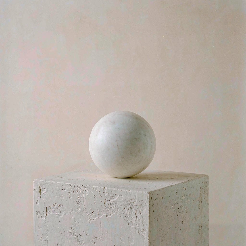 White marble sphere on a concrete cube